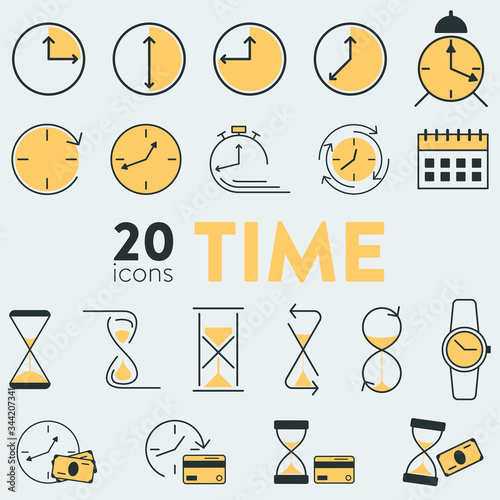 Set of 20 vector icons with time and money related objects. It uncludes hourglasses, watches, clock, alarm, calendar, credit card and cash money. Also can be used as a logo, icon or badge