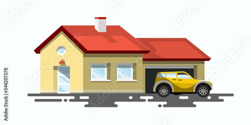 Family House Icon and Yellow Car with Garage. Vector Flat Design Buildings Isolated on White Background.