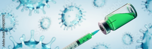 Vaccination concept image with Coronavirus Covid-19 SARS-CoV-2 virus vaccine - panoramic banner
 photo