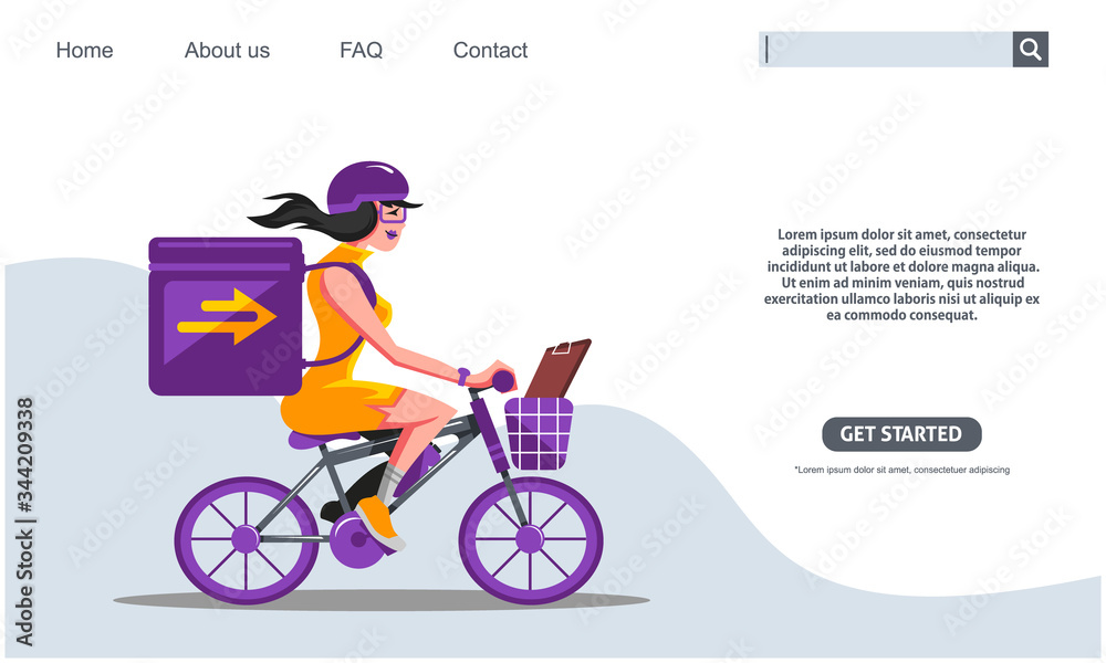 Fototapeta premium Landing page design. Beauty girl riding purple bicycle carrying boxes express delivery service. Web banner design, Flat style illustration. Scalable and editable vector.