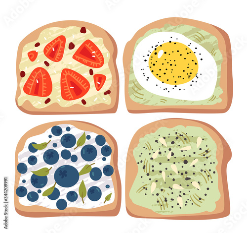 Set healthy sandwiches with vegetables and fruits .Healthy open sandwiches .Bruschetta with avocado,  salmon and egg . Toast with strawberries and blueberries . Beautiful breakfast .