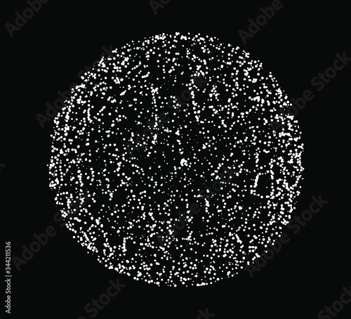 Dotted sphere, globe made of particles on dark background. Conceptual abstract image of high tech systems, science, cosmic bodies.