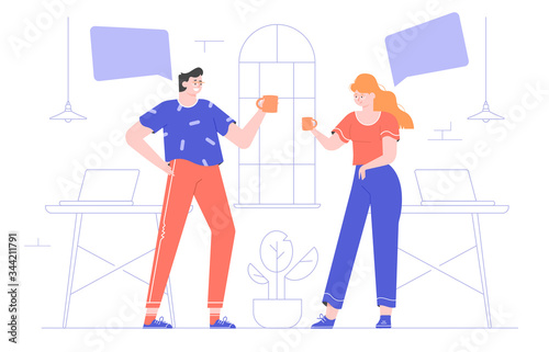 A man and a woman in the office are standing with mugs. Coffee break. Colleagues are chatting. Teamwork concept. Vector flat illustration.