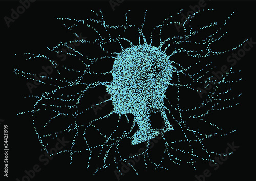 Silhouette of a human profile with wires going outside the head like the neural networks, axons and dendrites. The subject of mind, mental powers and Artificial intelligence.