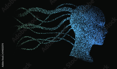 Silhouette of a human profile with wires going outside the head like the neural networks, axons and dendrites. The subject of mind, mental powers and Artificial intelligence.