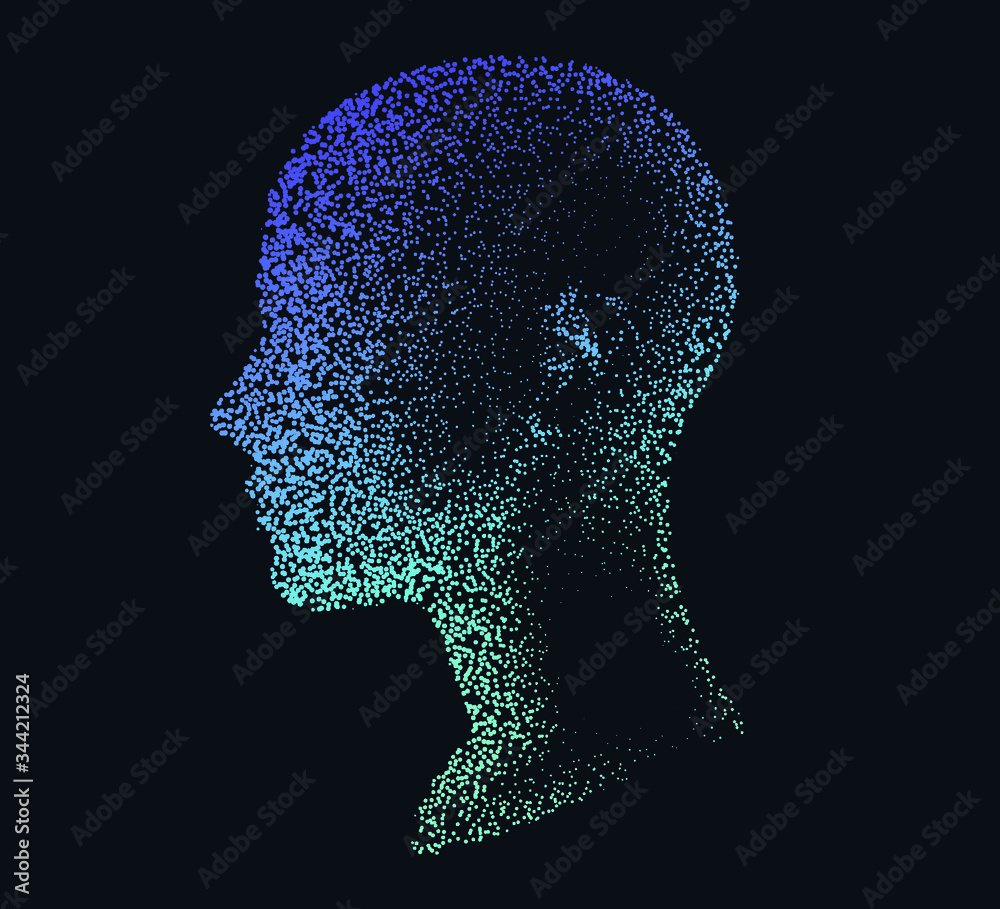 Silhouette of a human head made of dots and particles. Conceptual image ...