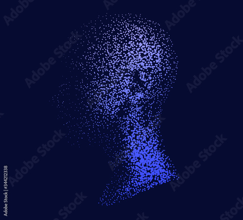 Silhouette of a human head made of dots and particles. Conceptual image of AI (artificial intelligence), VR (virtual reality), Deep Learning and Face recognition systems.