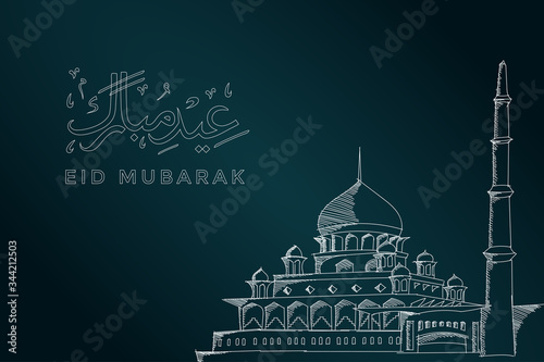 Eid mubarak greeting card premium design. Vector illustration of a mosque in a hand sketch style on a dark background. 