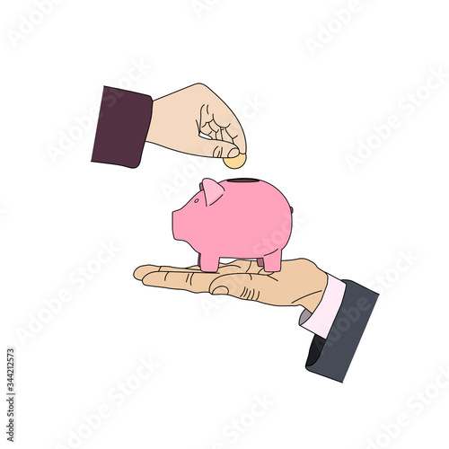 Piggy bank image in flat style. Deposite, money, coin, hands. Vector illustration.