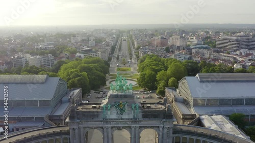 Dolly zoom. Brussels, Belgium. Park of the Fiftieth Anniversary. Park Senkantoner. The Arc de Triomphe of Brussels (Brussels Gate), Aerial View, Departure of the camera photo