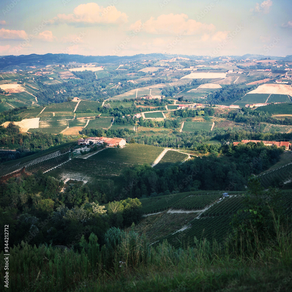 vintage aerial view of the piemont italy in summer with analog photography camera