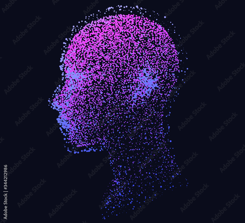 Silhouette of a human head made of dots and particles. Conceptual image ...