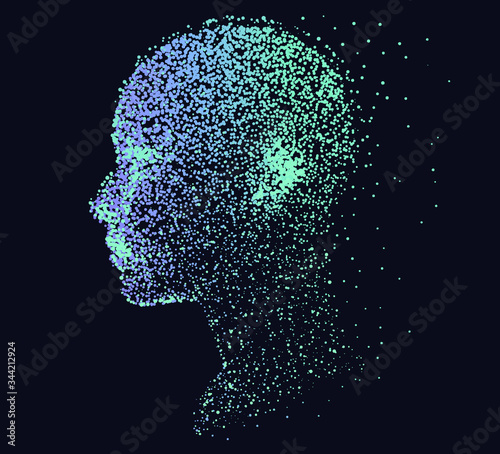 Silhouette of a human head made of dots and particles. Conceptual image of AI (artificial intelligence), VR (virtual reality), Deep Learning and Face recognition systems.