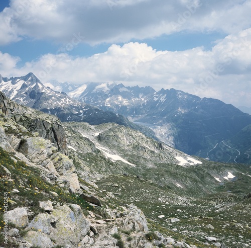 mountain landscape in the alps in summertime, towards the source of the Rhône