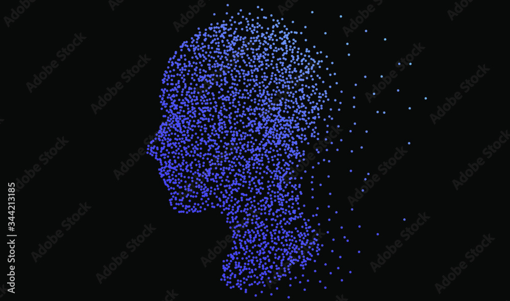 Silhouette of a human head made of dots and particles. Conceptual image ...