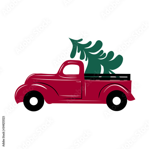 .Christmas truck.  Vector illustration Christmas red truck with a Christmas tree on a white background. Retro card.