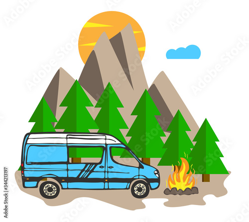 White and blue van with forest and mountains in the background. Living van life, camping in the nature, sitting at fire, travelling. Vector Illustration.