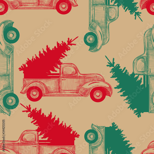 .Christmas truck with Christmas tree on craft paper..Vintage seamless pattern.Hand drawn vector illustration in sketch style. New Year's template.