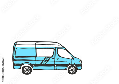 Blue and white van isolated on white background. Vector Illustration.