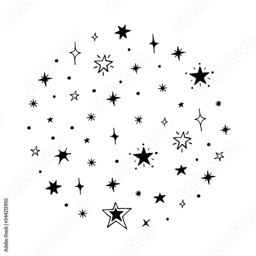 Vector collection of night sky elements. For the design of surfaces, prints, wrapping paper, cards, posters, banners, printing. Theme space, Cosmonautics Day, astronomy, stars. Celestial set