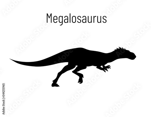 Megalosaurus. Theropoda dinosaur. Monochrome vector illustration of silhouette of prehistoric creature megalosaurus isolated on white background. Stencil. Fossil dinosaur.