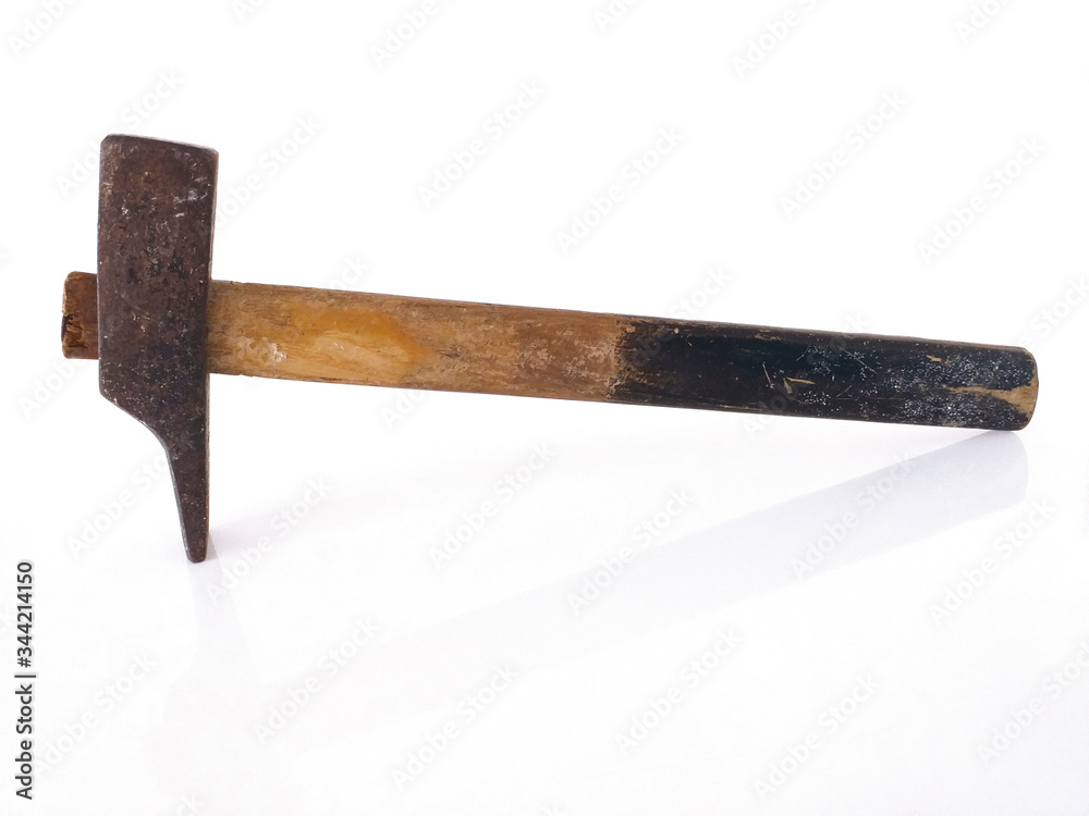Aerial view of old and used cabinetmaker hammer with wooden handle in horizontal position isolated on white background. Close up of Old vintage hammer the craft tool for carpenter. Aerial view of old and used cabinetmaker hammer with wooden handle in horizontal position isolated on white background. Close up of Old vintage hammer the craft tool for carpenter.