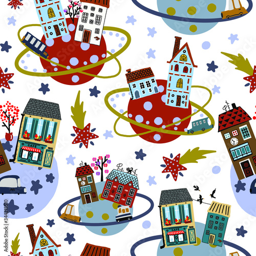 Hand drawn vector illustration. Cute cartoon. Seamless pattern. Pastel color. House, car and planet on the space. For baby textile or wallpaper. White background.