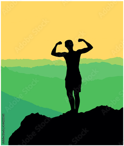 Black silhouette of a man standing on the top of the hill showing his strength. Mountains in the background. Black, green and yellow illustration. 