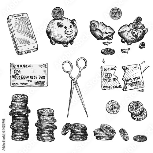 Set of ink sketch finance icons money, coins, wallet, credit cards, smartphone, piggy bank, scissors isolated on white background, Financial markets design concept Vintage engraving style
