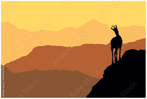 A chamois stands on top of a hill with mountains in the background. Black silhouette with brown and orange background. Vector illustration.