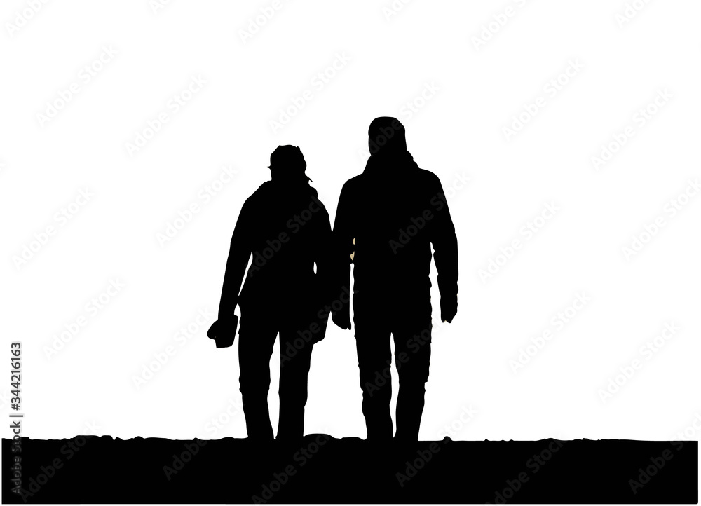 Black silhouette of boy and a girl walking uphill, wearing jackets in cold weather isolated on white background. Vector Illustration. 