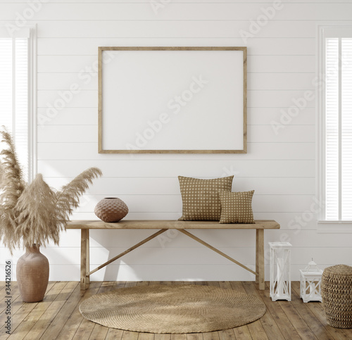 Frame mockup in farmhouse living room interior, 3d render