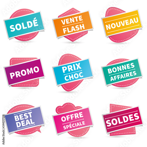 French sales label set - sale reduction promotion stickers - isolated design elements - special offer - flash sale - best price