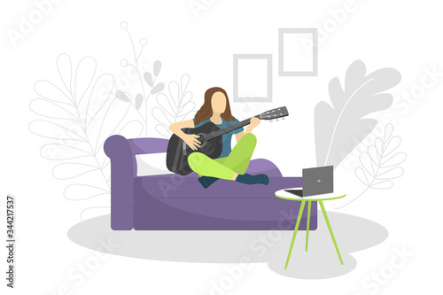 Vector illustration with a girl sitting on a sofa and playing the guitar. Learning to play the guitar at home. Poster motivating to play a musical instrument. For sites, articles and online class