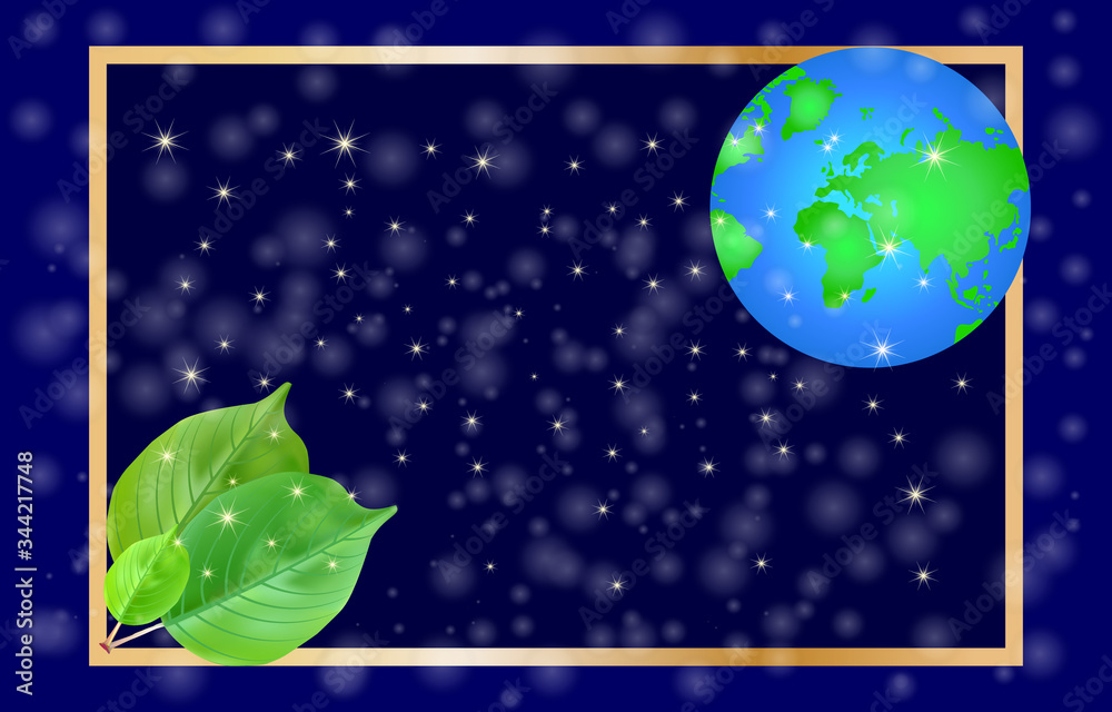 Naklejka premium Gold frame with earth globe, stars and leaves on dark space background. World earth day. World environment day. Green eco earth, friendly ecology concept. Creative Poster Or Banner. Stock vector