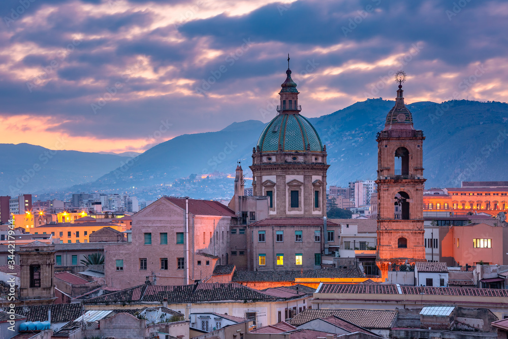 Closeup aerial view of Palermo with Church of Saint Mary of Gesu at sunset, Sicily, Italy