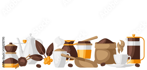 Background with coffee icons. Food illustration of beverage items.