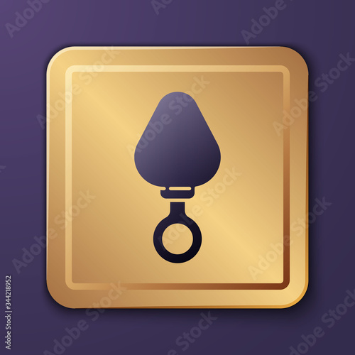 Purple Anal plug icon isolated on purple background. Butt plug sign. Fetish accessory. Sex toy for men and woman. Gold square button. Vector Illustration