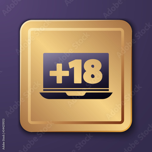 Purple Laptop with 18 plus content icon isolated on purple background. Age restriction symbol. Adult channel. Gold square button. Vector Illustration