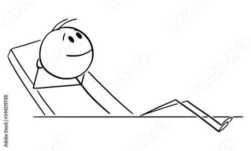 Vector cartoon stick figure drawing conceptual illustration of man or businessman sitting in office with legs on table.