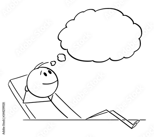 Vector cartoon stick figure drawing conceptual illustration of man or businessman sitting in office with legs on table, thinking about something.