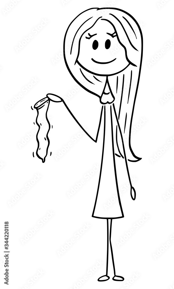 Vector cartoon stick figure drawing conceptual illustration of young attractive woman holding condom. Vector cartoon stick figure drawing conceptual illustration of young attractive woman holding condom.
