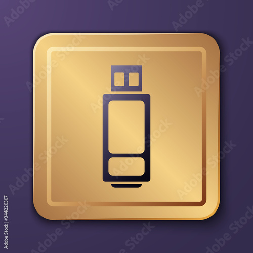 Purple USB flash drive icon isolated on purple background. Gold square button. Vector Illustration