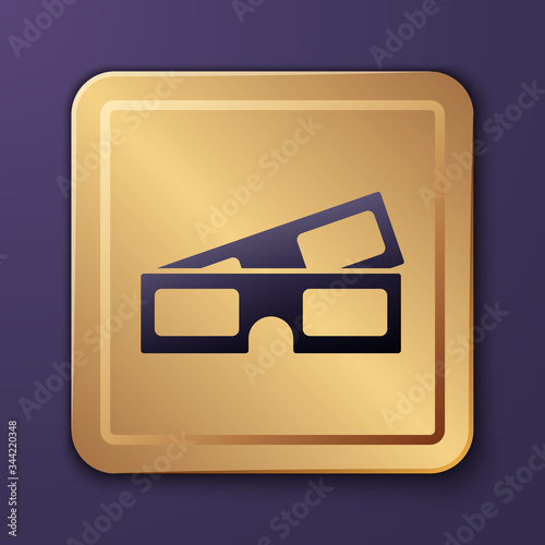 Purple 3D cinema glasses icon isolated on purple background. Gold square button. Vector Illustration