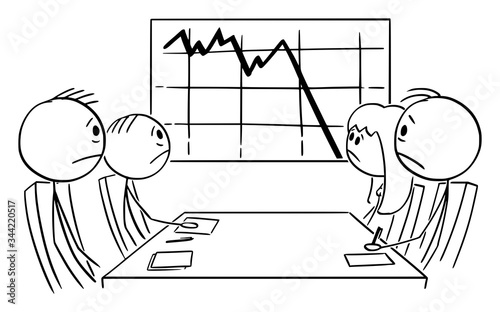 Vector cartoon stick figure drawing conceptual illustration of unhappy business people on meeting showing falling financial or profit graph. Crisis or depression concept.