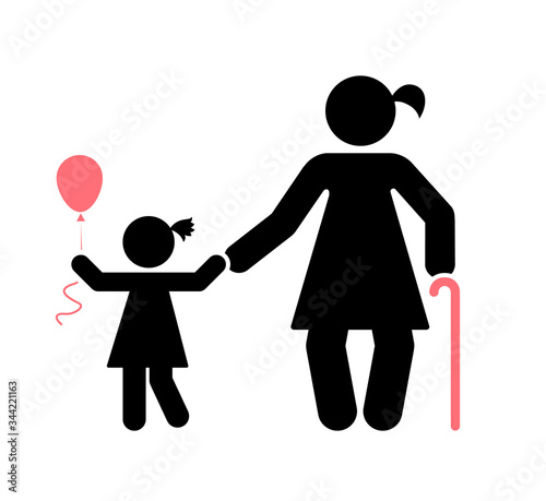 Pictogram that represents the grandmother and granddaughter. Different stages of human life.