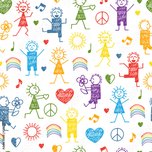 Seamless pattern with World Peace Day Symbols. International Holiday. Hand drawn doodle People, Peace, Love and Music Signs in Children drawing style - Vector Illustration