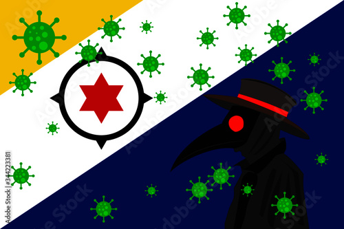 Black plague doctor surrounded by viruses with copy space with BONAIRE flag.