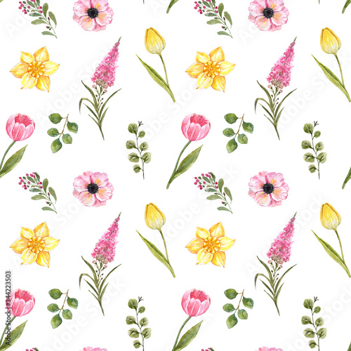 Cute and colorful floral seamless pattern for summer and spring design. Water...