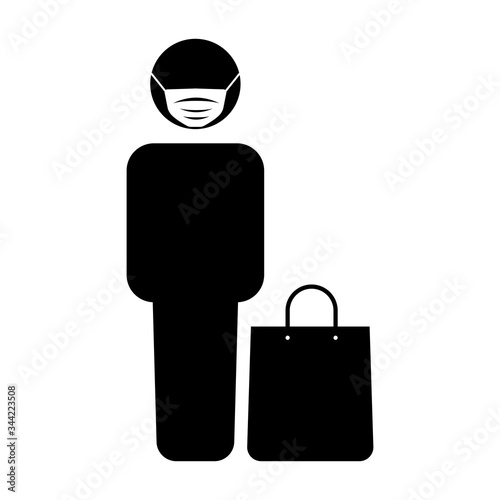 Person with medical mask and shopping bag symbol isolated on white background